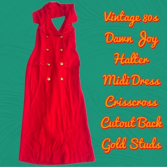 Vintage 80s Dawn Joy halter midi dress crossback red studs grunge 90s y2k retro - Picture 8 of 14